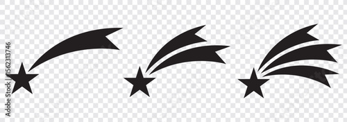 Shooting stars icon vector set. Black falling stars icon. Meteorite and comet symbols. Abstract silhouette of shooting star. Flying comet with tail, falling meteor, abstract galaxy element.
