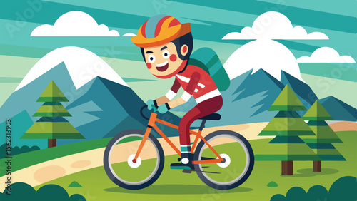 Cheerful Cyclist Riding Orange Mountain Bike Through Green Mountain Landscape Cartoon Illustration Style