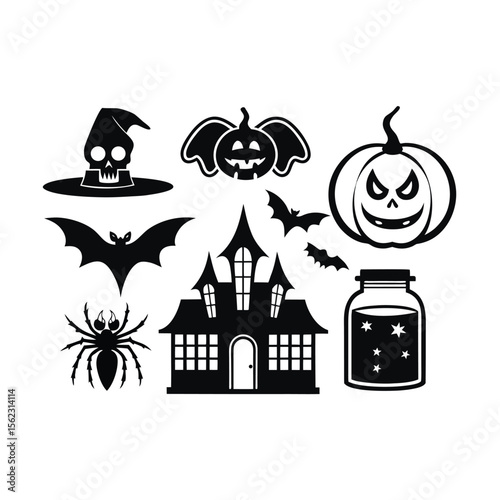 Halloween silhouette element vector happy halloween vector night icons set Premium vector
