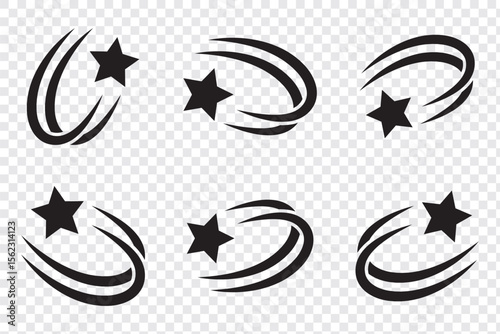 Shooting stars icon vector set. Black falling stars icon. Meteorite and comet symbols. Abstract silhouette of shooting star. Flying comet with tail, falling meteor, abstract galaxy element.
