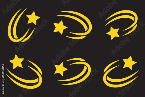 Shooting stars icon vector set. Black falling stars icon. Meteorite and comet symbols. Abstract silhouette of shooting star. Flying comet with tail, falling meteor, abstract galaxy element.