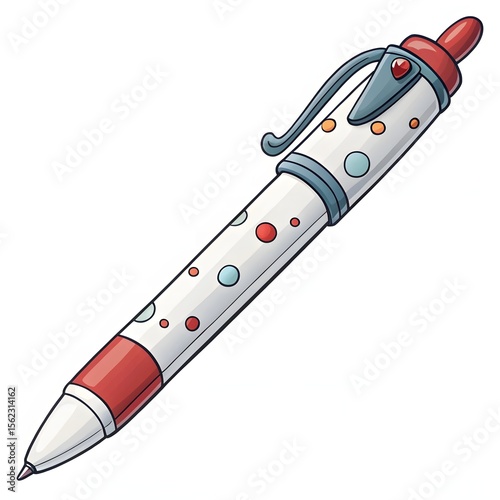 Colorful cartoon pen with clicker top and playful polka dots in a cheerful design