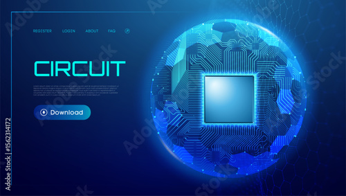 Semiconductor background with AI circuit and tech chip design in blue digital lines. Abstract board vector for cloud data or computer network concept. Futuristic microchip template with light pattern.