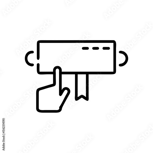 Hand pointing at a rectangular shape with bookmark two curved handles on finger rectangle