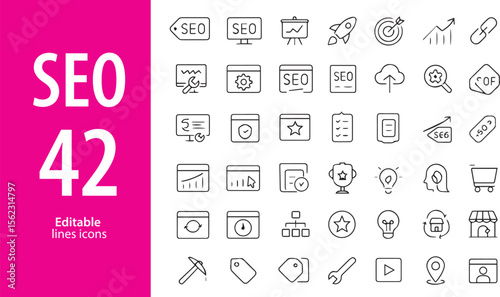 SEO Line Icons, Keyword Optimization, Analytics, Link Building, Ranking, Content Strategy, Editable Formats: AI, EPS, JPG, PNG, Ideal for Both Digital and Print Use
