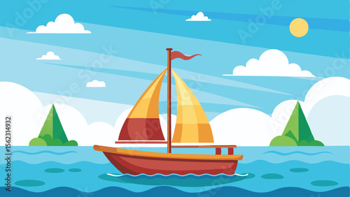 Cartoon Illustration of a Red Sailboat Sailing on Water with Distant Islands