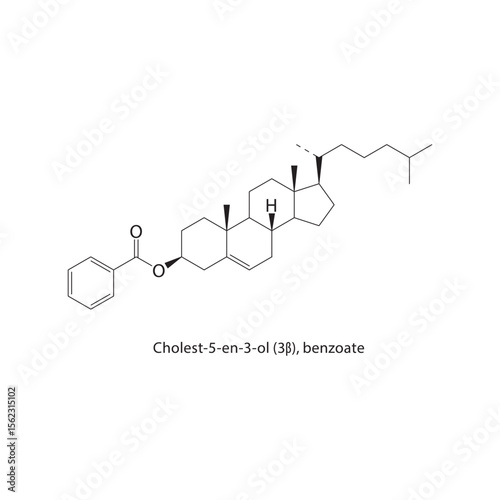 Cholest-5-en-3-ol (3β), benzoate skeletal structure. Sterol ester compound schematic illustration. Simple diagram, chemical formula.