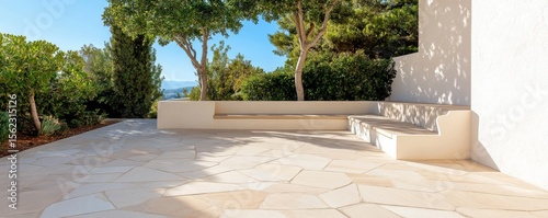 Mediterranean Patio with Stone Tiles and Built-in Seating, outdoor living, architecture