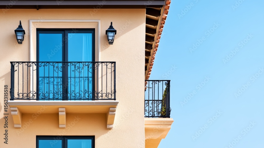 Fototapeta premium Mediterranean Villa Balcony with Wrought Iron Railing, Architecture, Exterior