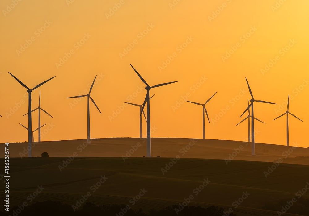 Wind Farm Silhouettes Against Golden Sunset Sky Wind Farm Silhouettes Against Golden Sunset Sky