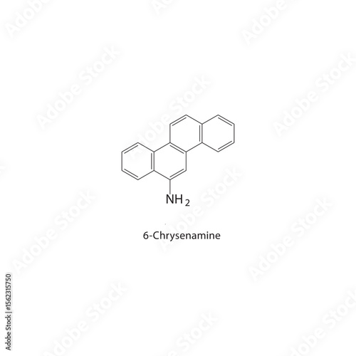 6-Chrysenamine skeletal structure. Amino polycyclic aromatic hydrocarbon compound schematic illustration. Simple diagram, chemical formula.