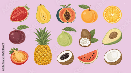 An assortment of colorful, hand-drawn tropical fruits like pineapple, papaya, and watermelon arranged on a pastel background.