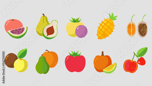 Colorful collection of stylized tropical fruits in a flat design, guava, pear, plum, pineapple, and cherries providing a fresh, vibrant feel.