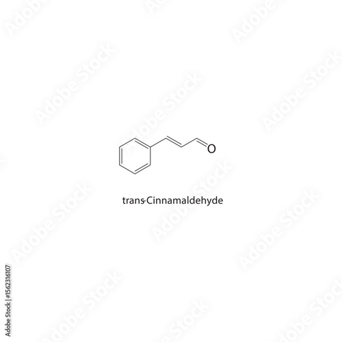 trans-Cinnamaldehyde skeletal structure. Aromatic aldehyde compound schematic illustration. Simple diagram, chemical formula.