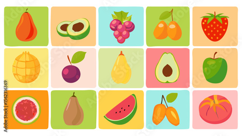 An array of vibrant cartoon fruit icons, including pears, avocados, grapes, and strawberries, on pastel backgrounds creates a fun, fresh food medley.