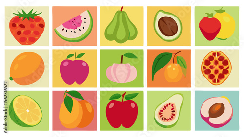 An assortment of colorful, stylized fruit illustrations arranged in a grid pattern, perfect for healthy eating or nutrition themes.