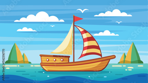Cartoon Sailboat Sailing on Ocean Water with Sky, Clouds, and Island Mountains View