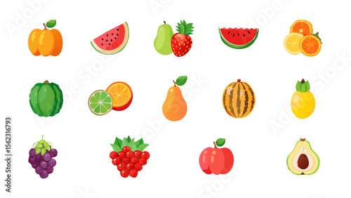 Vibrant cartoon fruits create a colorful, healthy food assortment featuring apples, oranges, watermelon, grapes and tropical pineapple.