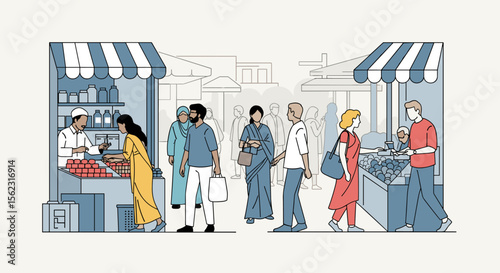 Vibrant market scene with diverse shoppers and vendors in stylized illustration