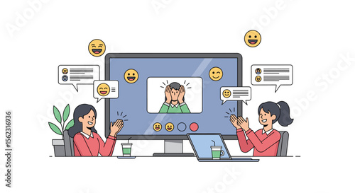 Virtual meeting with clapping attendees and a surprised participant on screen