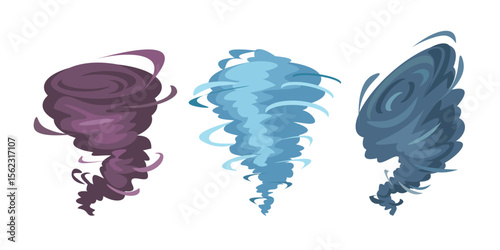 Hurricane or tornado motion, isolated storm with spiral movements. Vector in flat style, blue cloud or smog. Weather and nature phenomenon bringing destruction and catastrophic consequences