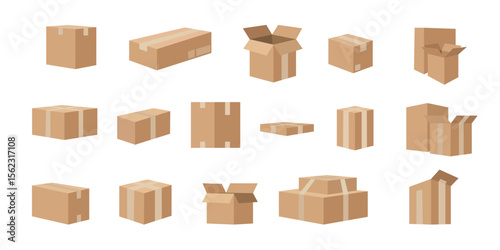 Open and close boxes with fragile and umbrella symbols. Vector isolated set of realistic cardboard packages with duct tape. Side view on empty parcels for delivery and transportation