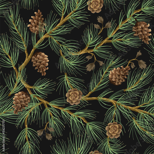 Vector Christmas seamless pattern with pine branches and cones. Vector.