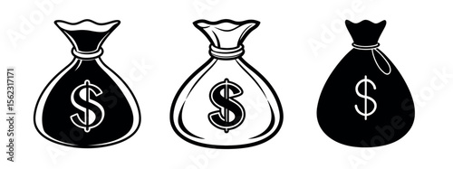 Minimal Black Silhouette Money Bag Icon with Dollar Symbol  Vector Style Design