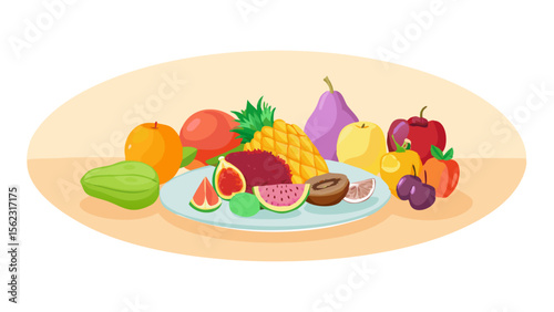 Delicious still life showcases a vibrant assortment of colorful tropical fruits, featuring pineapple, mango, kiwi, and citrus on a plate.