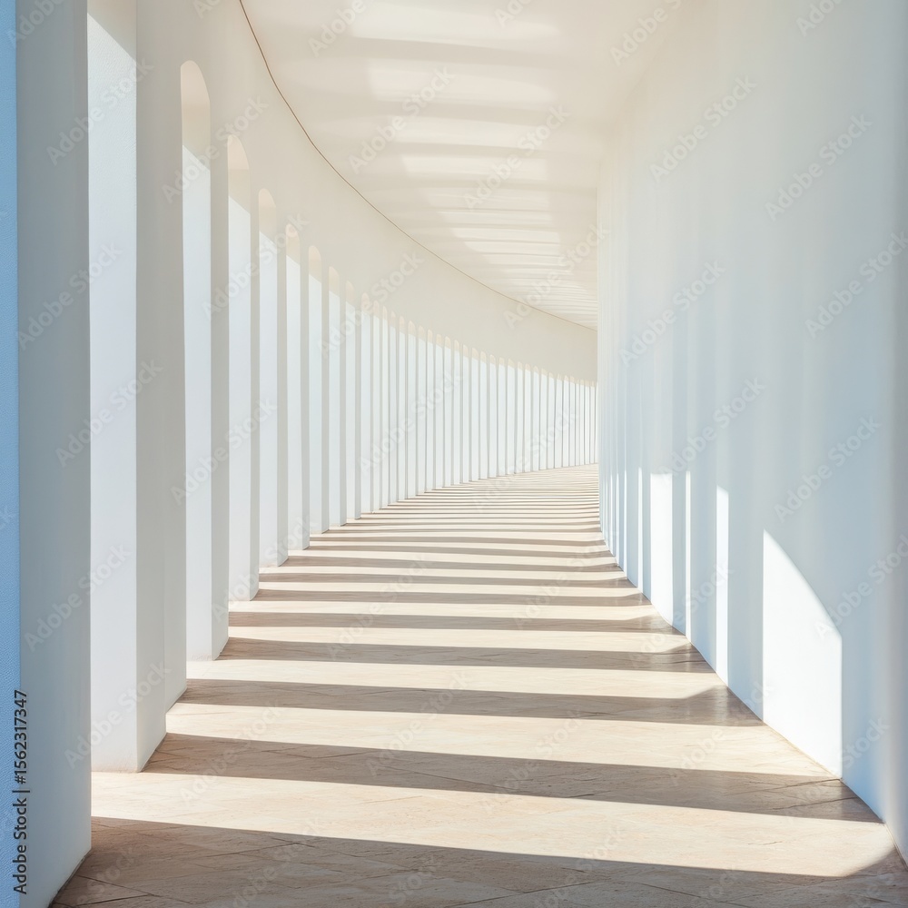 Fototapeta premium Minimalist White Corridor with Archways and Sunlight, Architecture, Design