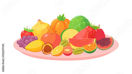A colorful assortment of tropical and fresh fruits on a light pink platter, perfect for healthy eating concepts and vibrant food illustrations.
