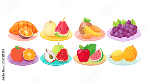 Fresh and vibrant cartoon fruits arrangement, featuring a colorful variety of healthy food choices displayed on plates, suitable for design elements.