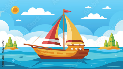 Cartoon Sailing Ship on Ocean with Sunny Sky and Island with Conical Trees