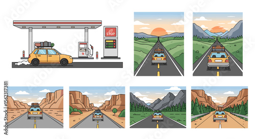 Colorful Road Trip Scenes with a Car and Scenic Landscapes