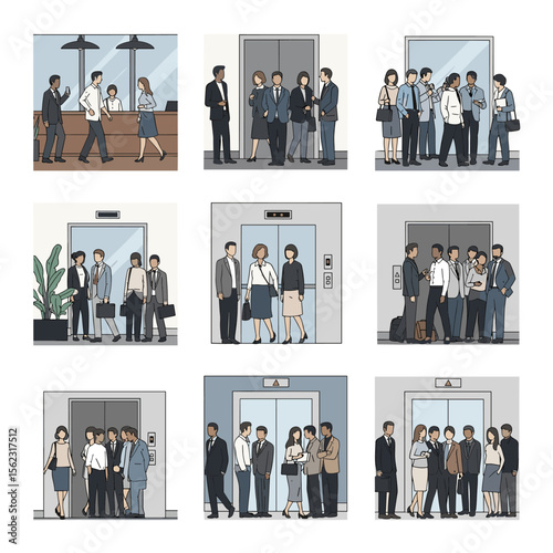Diverse Business Professionals in Elevators and At Lobby Areas