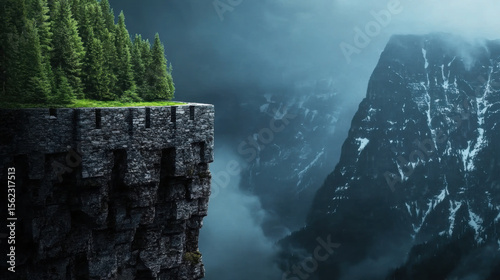 Dramatic cliff edge covered with lush green pine trees overlooks misty mountain valley. rugged stone cliff contrasts with atmospheric fog and towering snow capped peaks in background