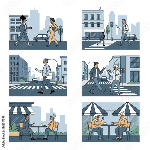 Diverse city dwellers crossing streets and enjoying cafe moments illustration