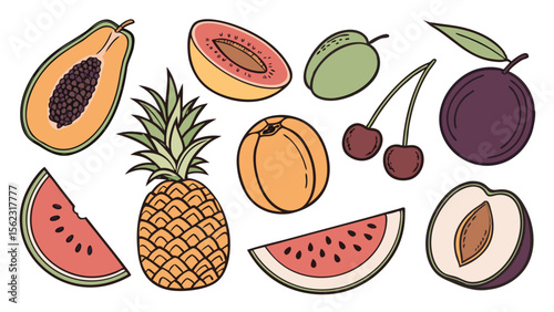 A delightful assortment of hand-drawn tropical fruits, including watermelon, pineapple, papaya, cherries, plums, and peach, in a vibrant, colorful illustration.
