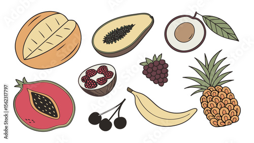 Fresh tropical and summer fruits arranged attractively on a white background, perfect for health, nutrition, or summer themed designs.