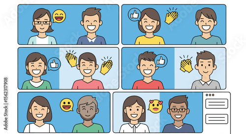 Diverse Group in Online Meeting Showing Positive Reactions