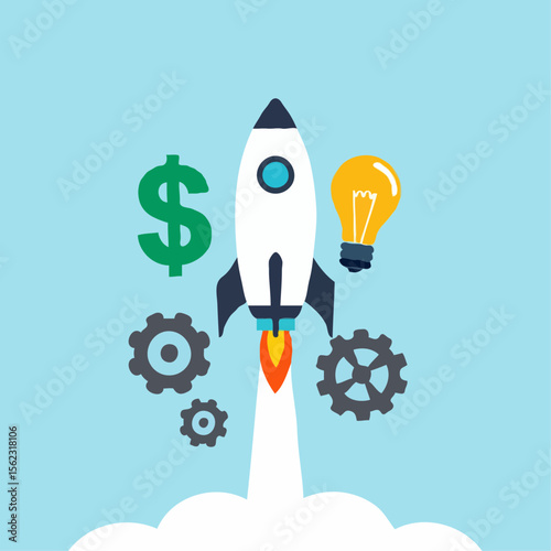 Rocket launch with dollar sign and lightbulb symbolizing business startup and innovation