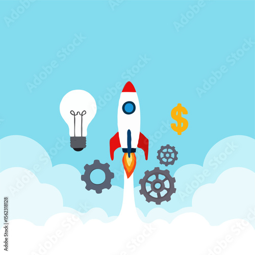 Rocket launch with light bulb gears and dollar sign symbolizing startup success