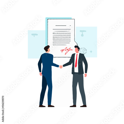 Two businessmen shaking hands over a signed contract with a seal