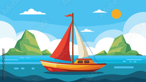 Illustration of a Sailboat Sailing on Blue Water with Mountains, Sky, Sun and Clouds