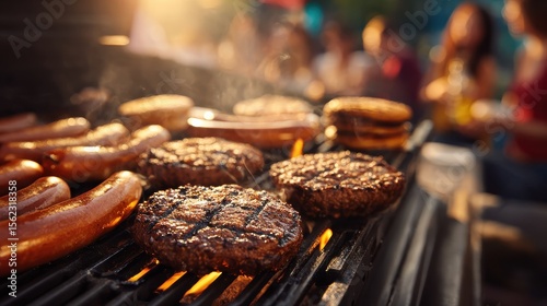 Close-up of a grill sizzling with burgers and hot dogs, with people laughing in the blurred background at a sunny outdoor barbecue