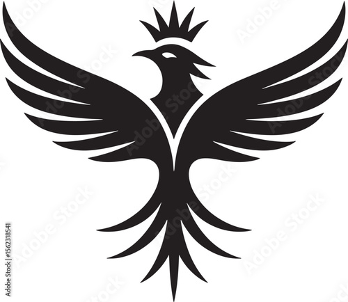 Black And White Minimalist Phoenix Logo Design With Crown Vector Graphic Silhouette Illustration bird