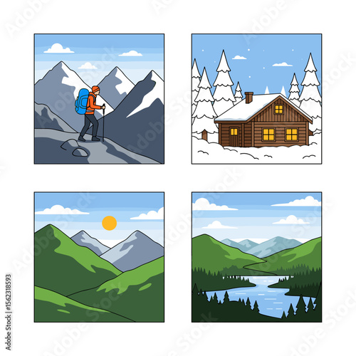 Four Seasonal Mountain Landscapes Featuring Hiking and a Cabin