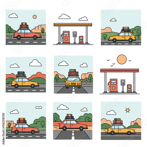 Illustrated Road Trip Scenes: Cars, Gas Stations, and Scenic Landscapes