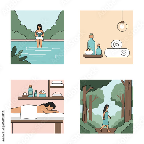 Illustrated scenes depicting relaxation, wellness, and self-care activities.
