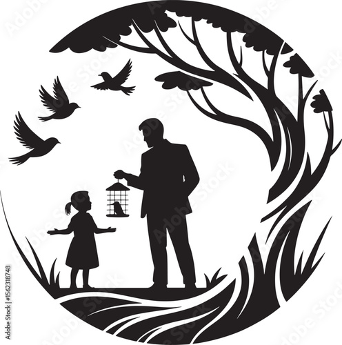 Black And White Silhouette Illustration Father Daughter Birds Cage Tree Minimalist Art vector